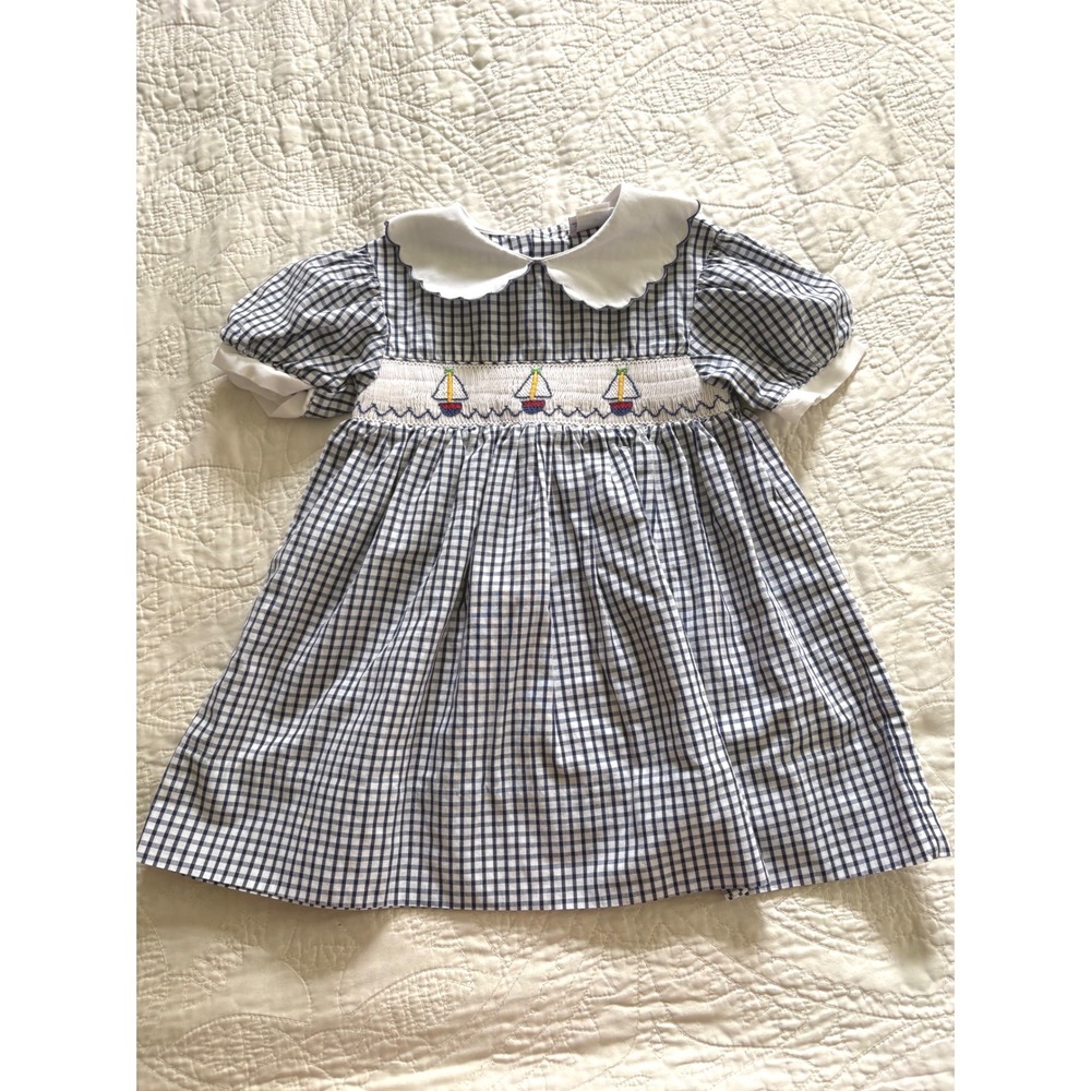 Petit Ami Toddler Baby Girls Navy Gingham Smocked Sailboat Dress 24 Months